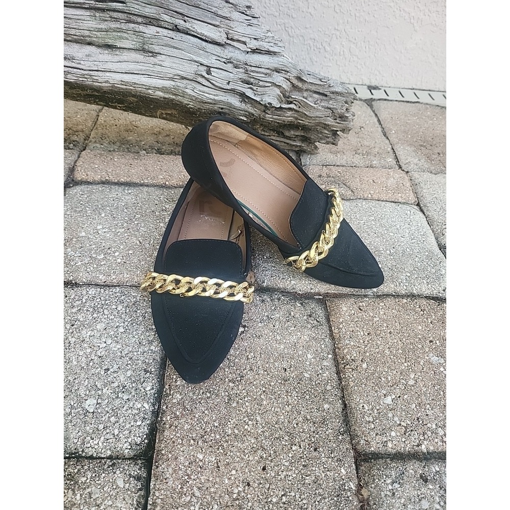 Report Women's Black Faux Suede Slip On Chain Embellished Flat Shoes Sz 6.5